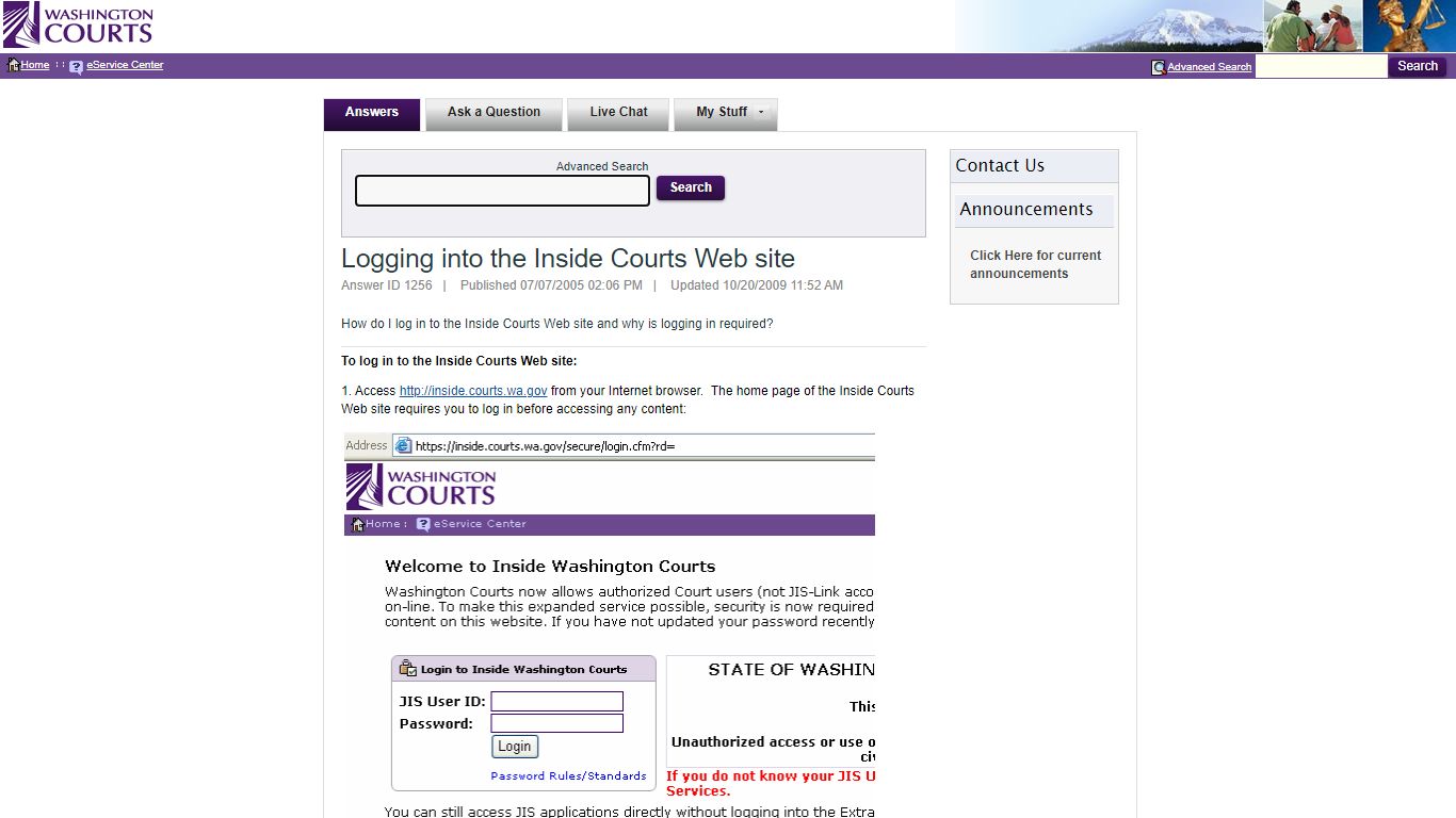 Logging into the Inside Courts Web site - Washington